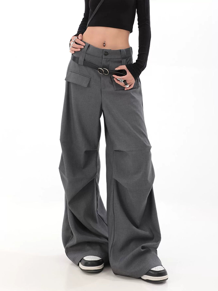 Solid Color Pleated Contour Suit Pants with Belt