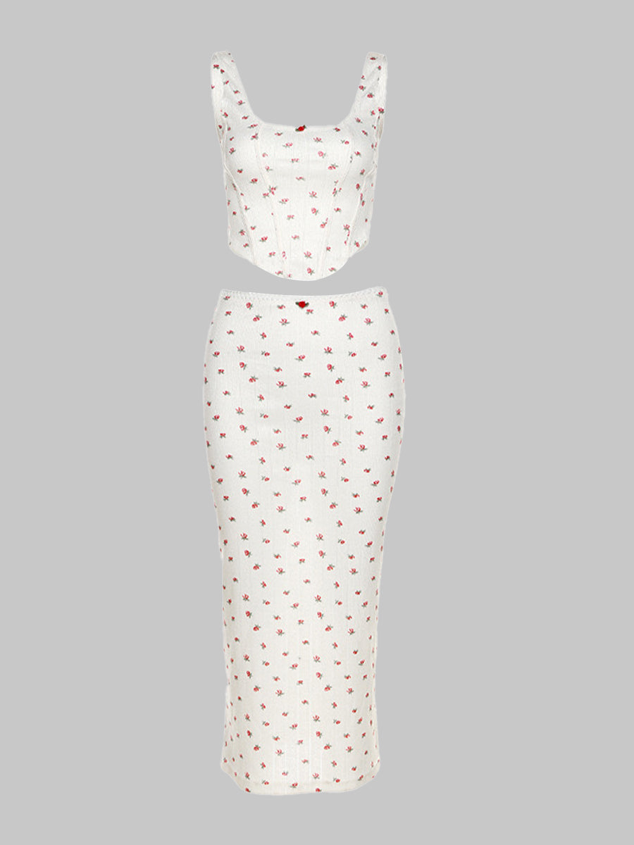 Rose Floral Print Knit Stretchy Cami Top + Long Skirt Two Piece Set