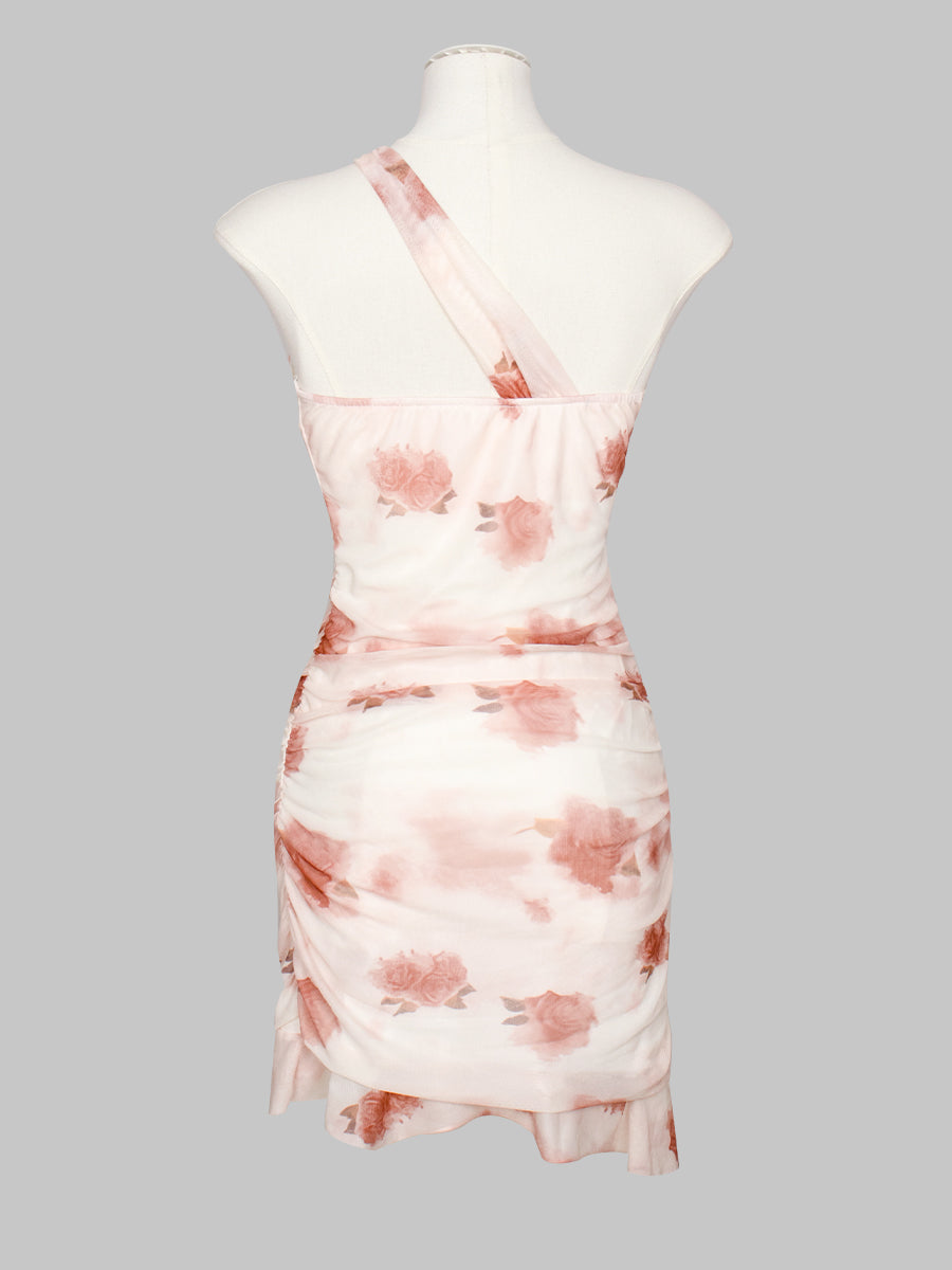 One Shoulder High Low Hem Flower Print Dress