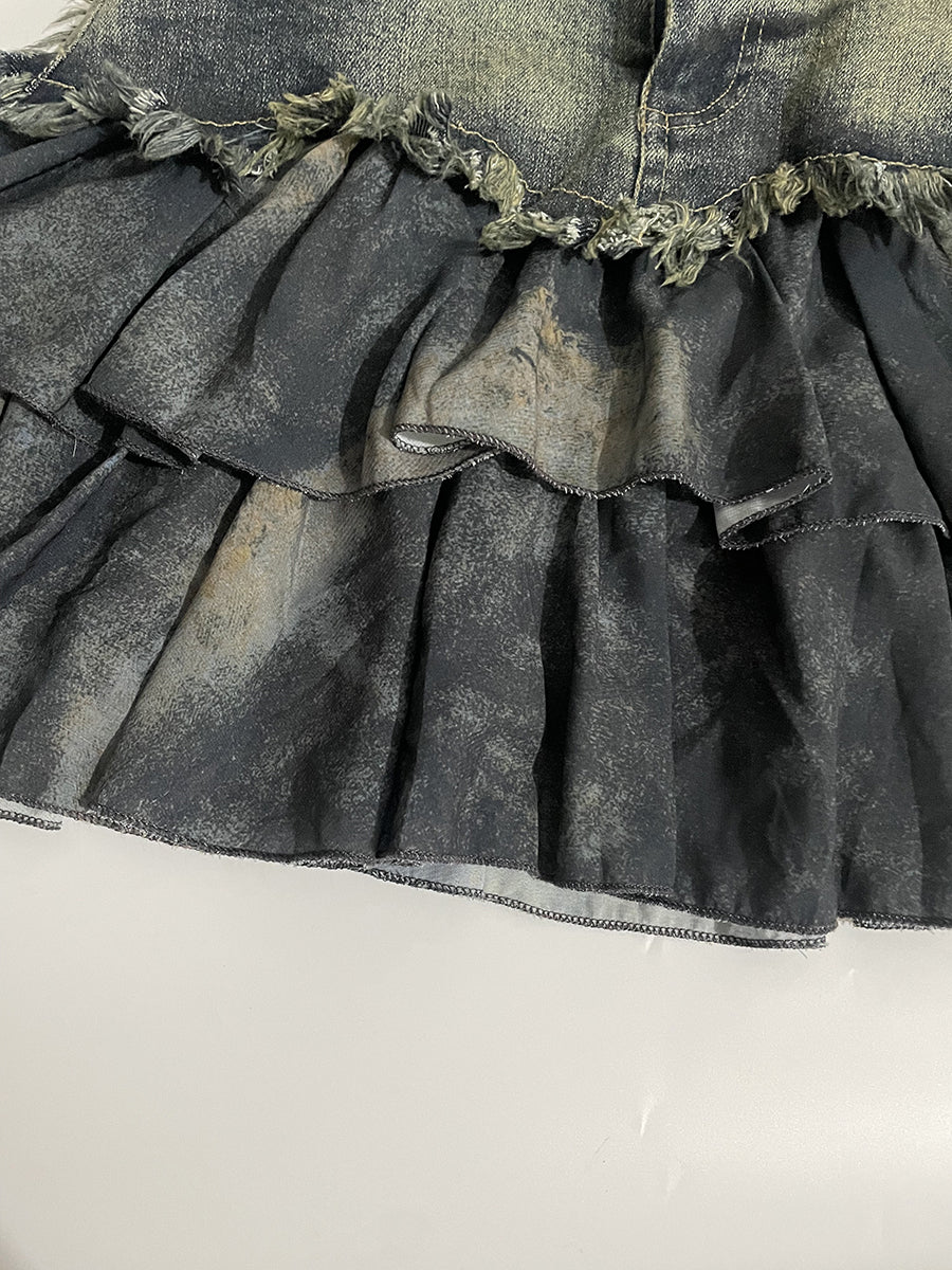 Vintage Patchwork Denim Pleated Hem Skirt