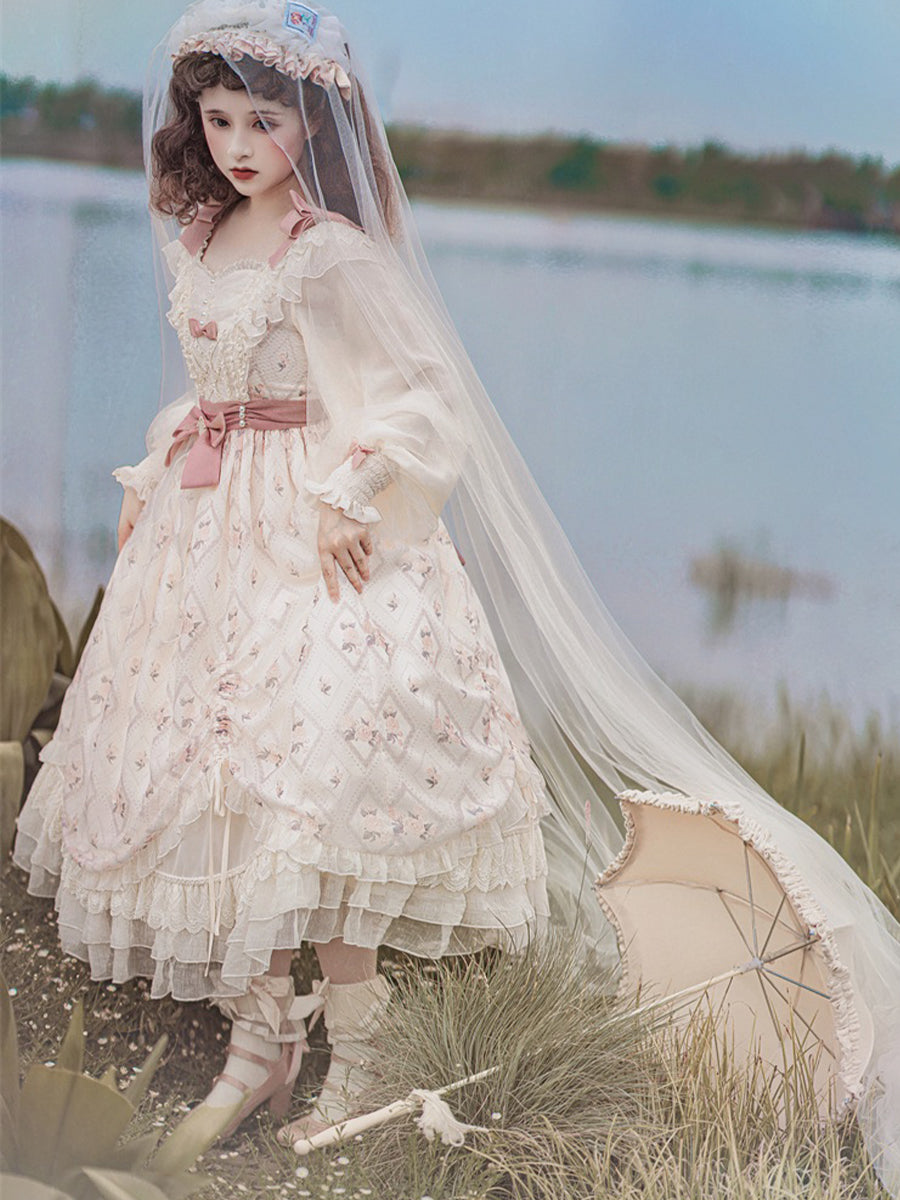 Girls Lolita Princess Dress Kawaii Long Sleeve Chiffon Skirt Cute Girl Dress