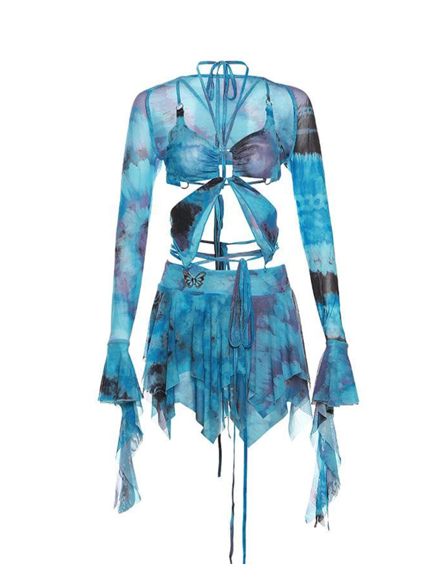 Flared Sleeve Tie Dye O Ring Self Tie Halter Low Cut Mini Skirt Set