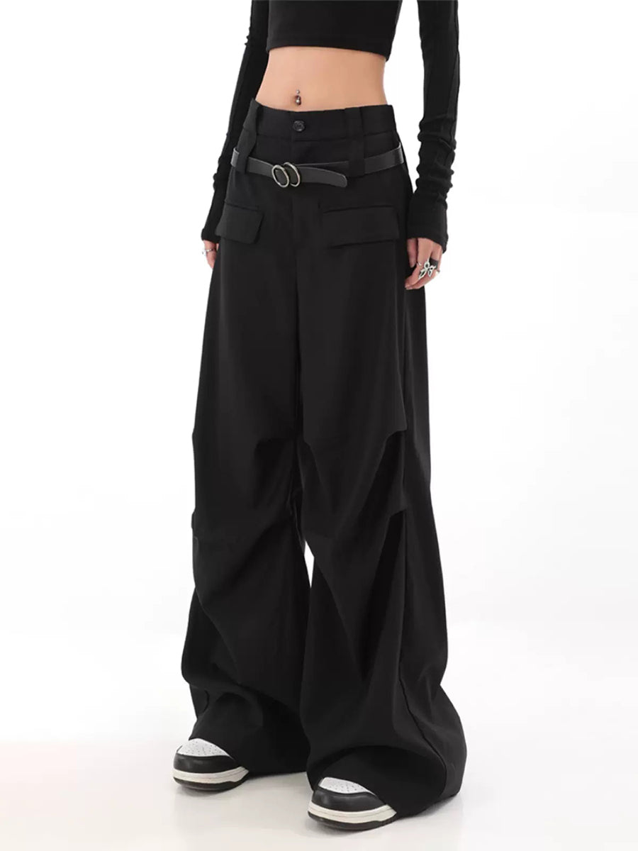 Solid Color Pleated Contour Suit Pants with Belt