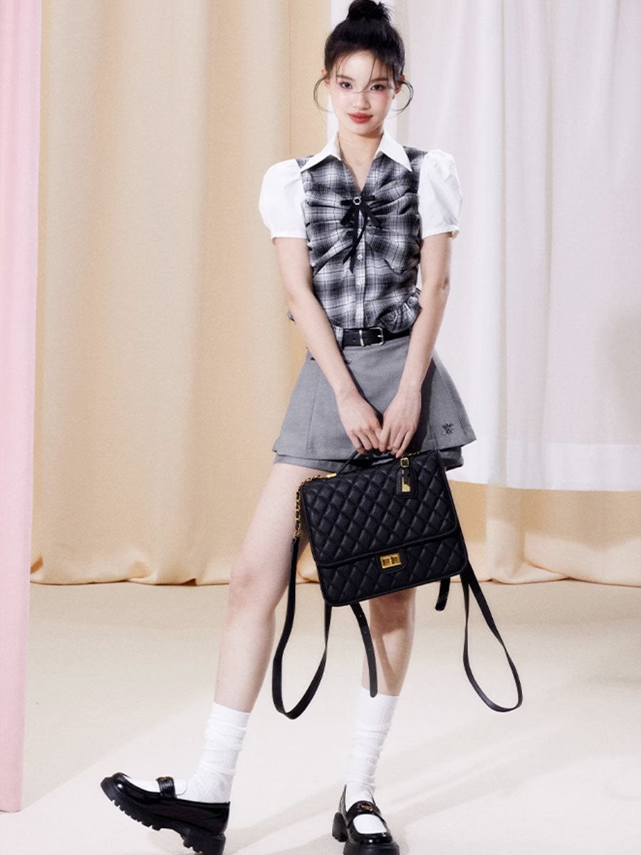 Bubble Sleeve Plaid Shirt Top + Fake Two Piece Shorts Set
