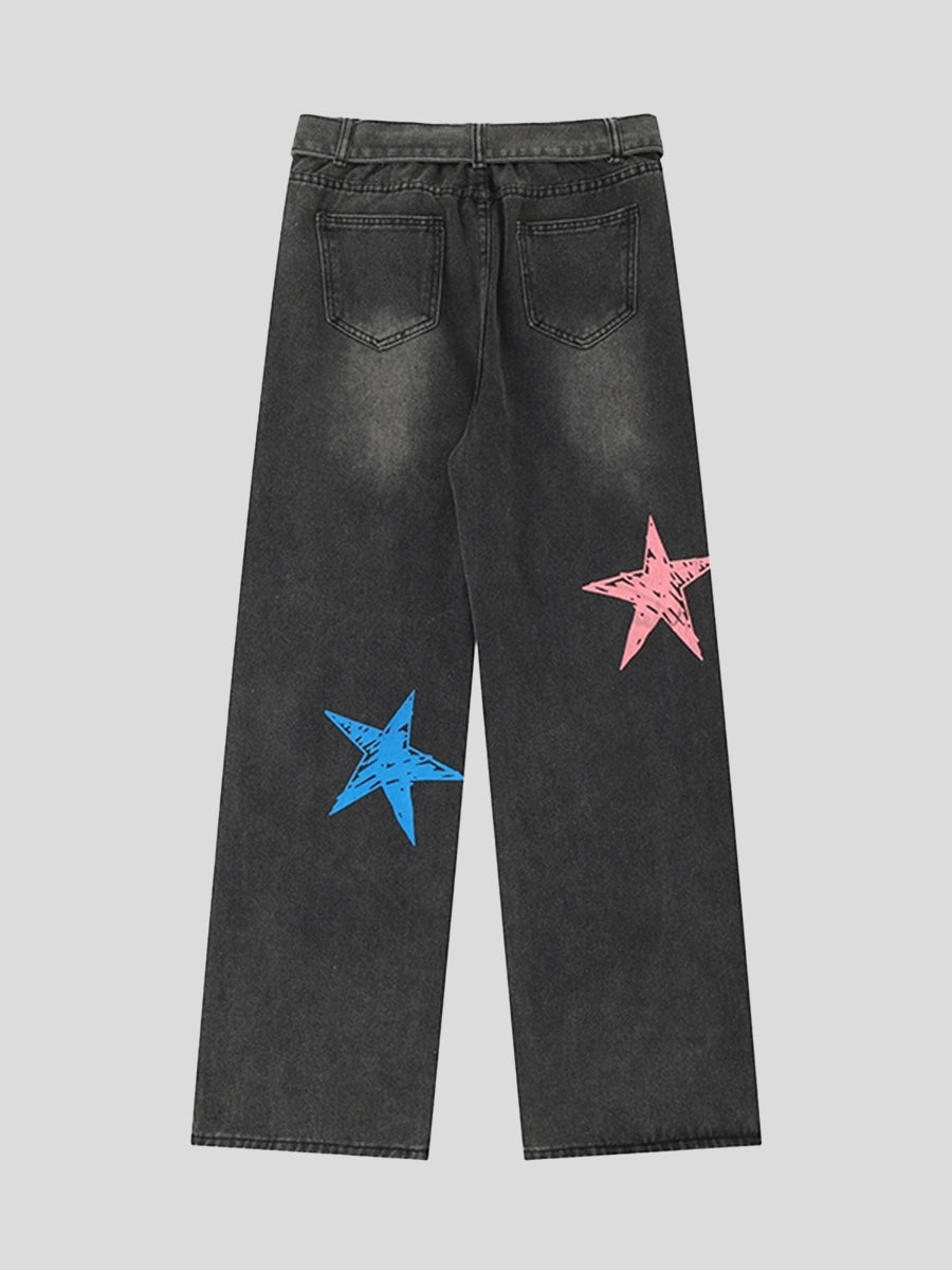 Pentagram Butterfly Print Denim Loose Pants