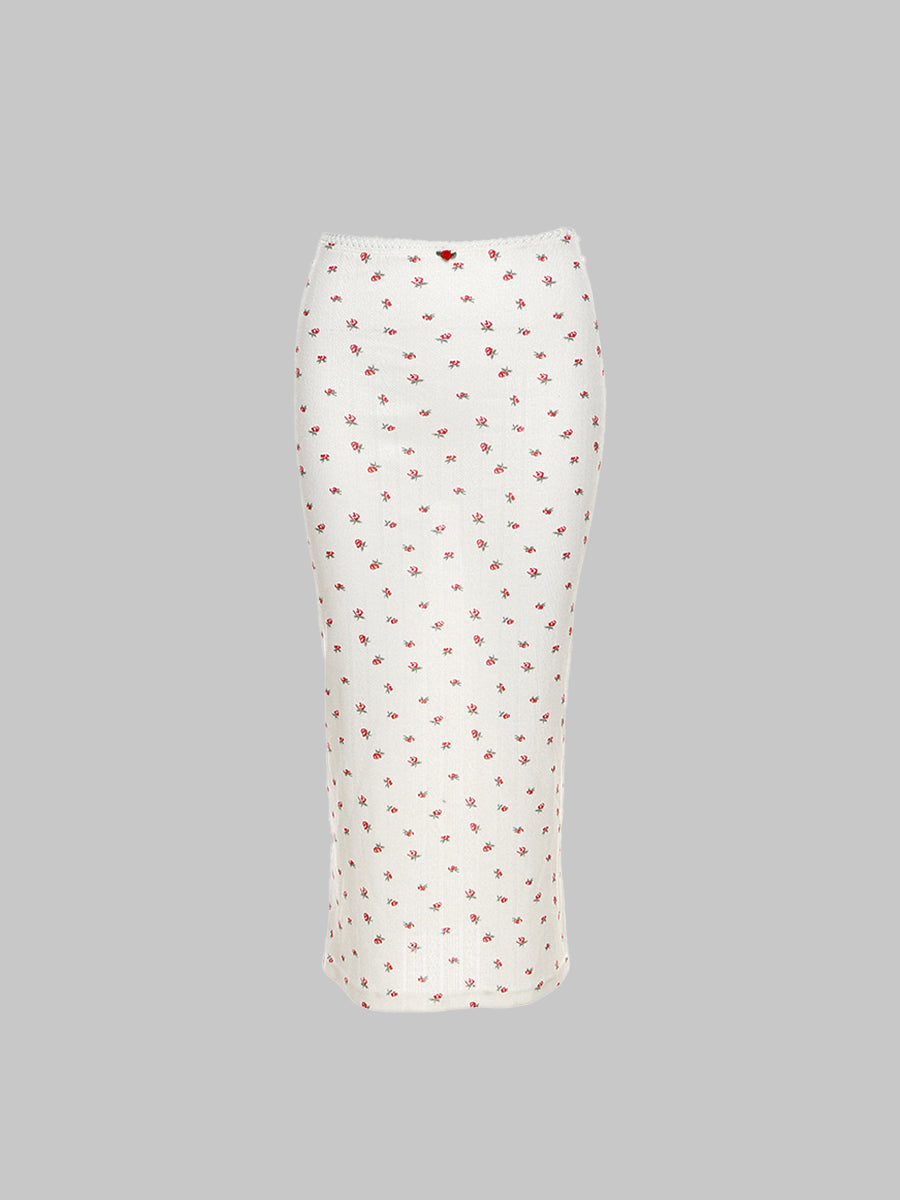 Rose Floral Print Knit Stretchy Cami Top + Long Skirt Two Piece Set