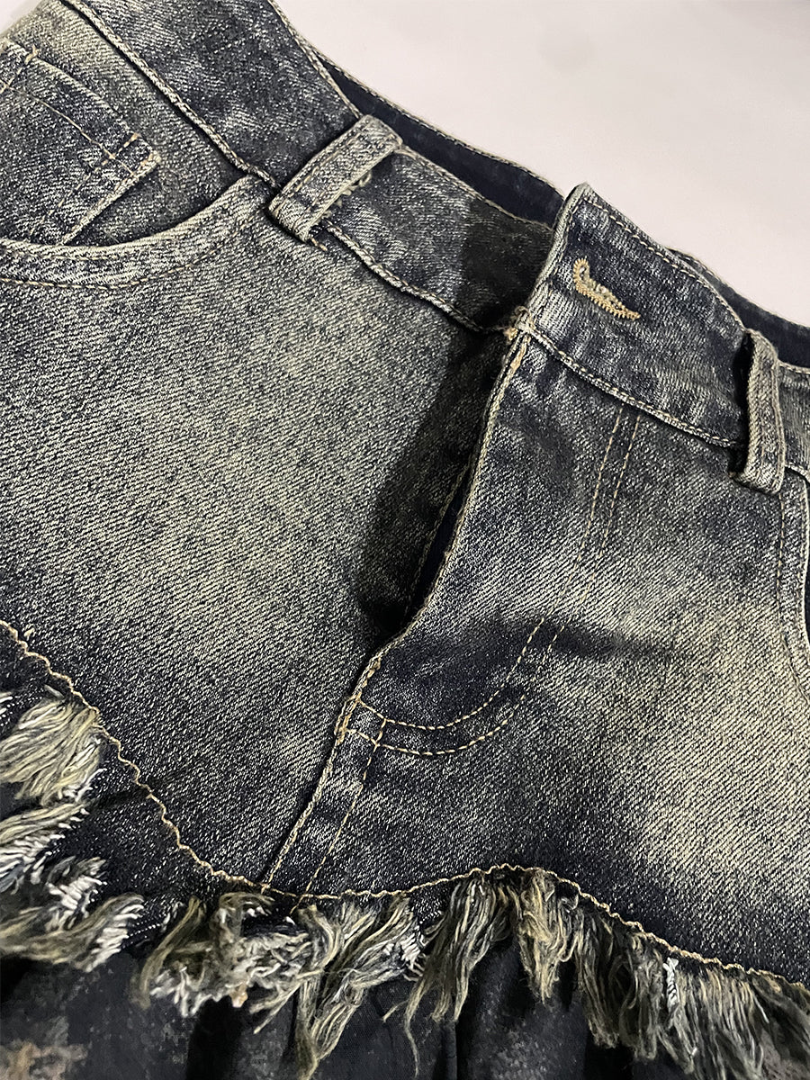 Vintage Patchwork Denim Pleated Hem Skirt