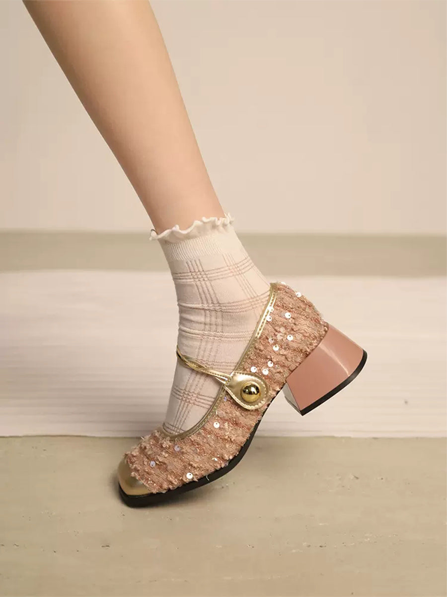 Square Toe Sequin Heeled Costume Shoes