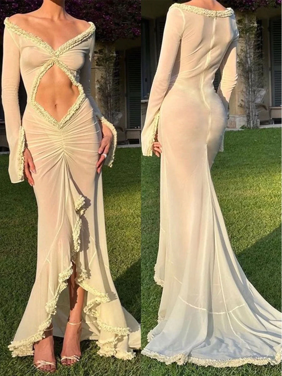 Solid Colored Knitted Hollow Out Long Chiffon Pleated Ruffle Hem Bodycon Dress