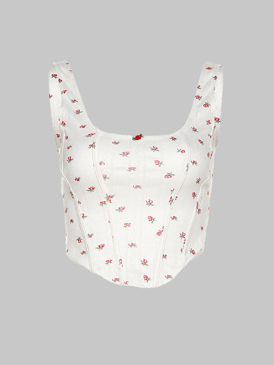 Rose Floral Print Knit Stretchy Cami Top + Long Skirt Two Piece Set