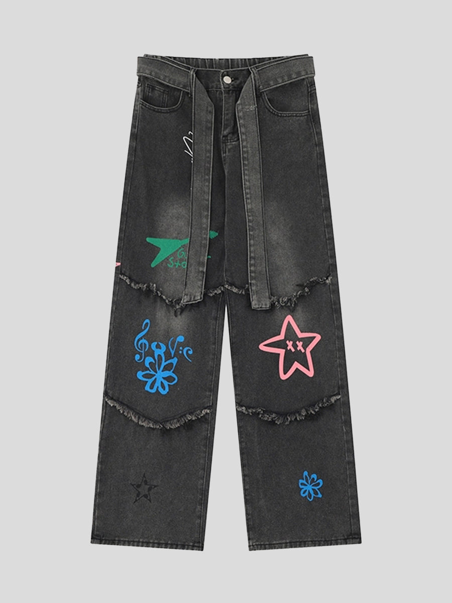 Pentagram Butterfly Print Denim Loose Pants