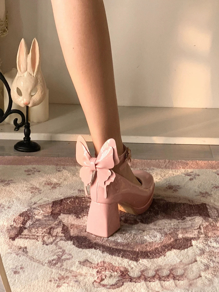 Chunky Heeled Ankle Strap Butterfly Mary Jane Pumps