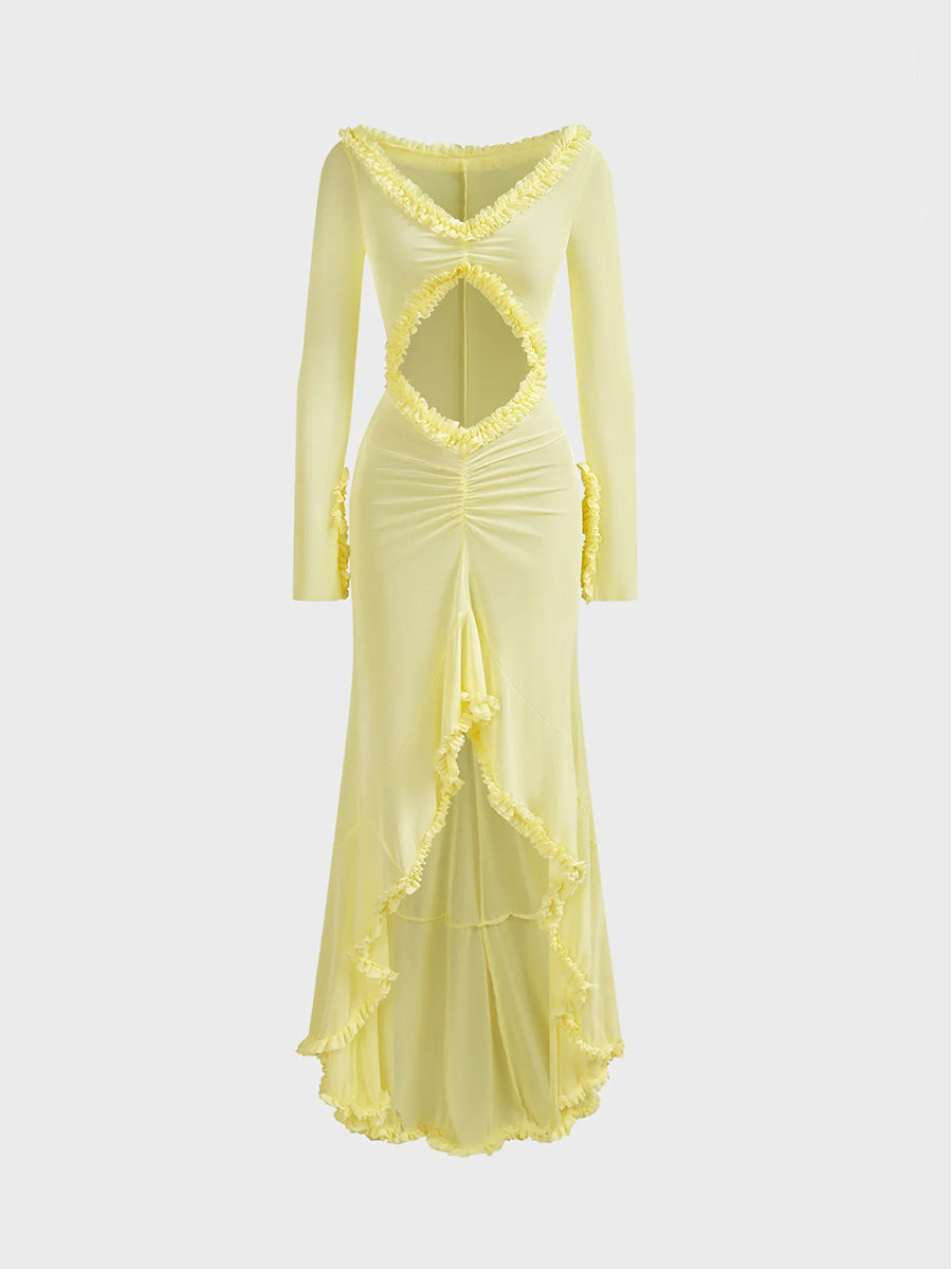 Solid Colored Knitted Hollow Out Long Chiffon Pleated Ruffle Hem Bodycon Dress