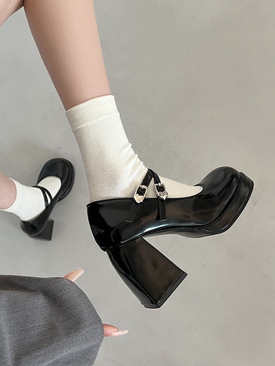 Crossover Ankle Straps Round Toe Chunky Heeled Mary Jane Pumps