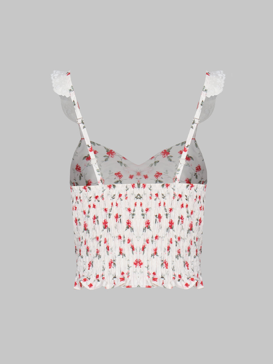 Floral Print Adjustable Lace Straps Cami Top
