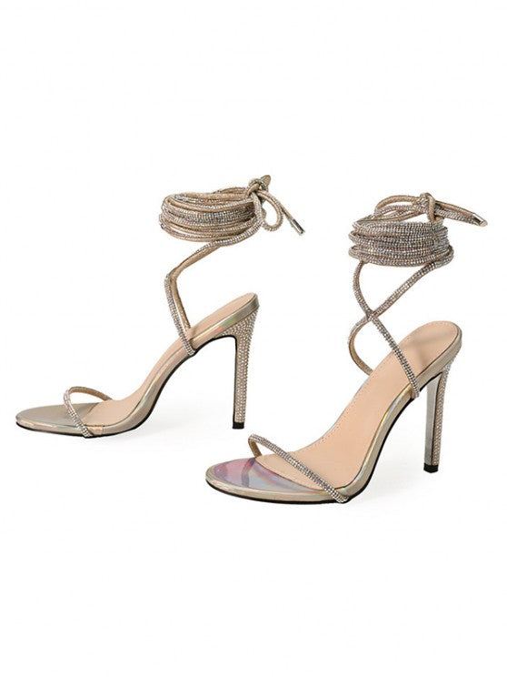 Shiny Glitter Sparkle Rhinestones Detail Ankle Wrap Strappy Heeled Party Sandals