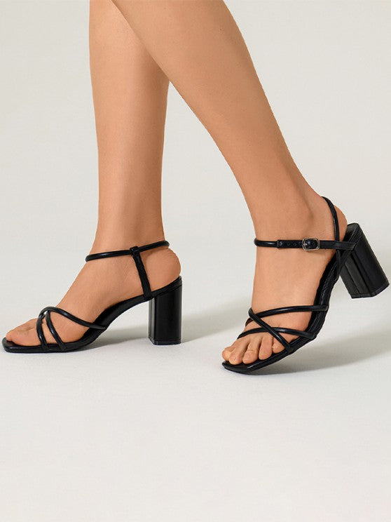 Criss Cross Chunky Heel Solid Color Sandals