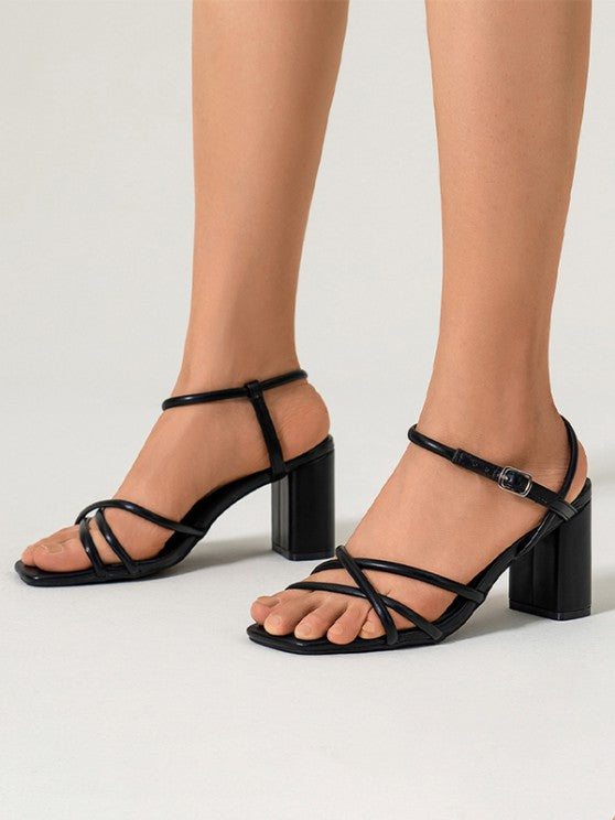 Criss Cross Chunky Heel Solid Color Sandals
