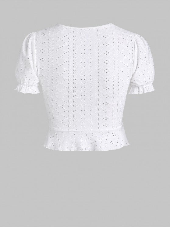 V Neck Ruffle Openwork Cinched Crop Top
