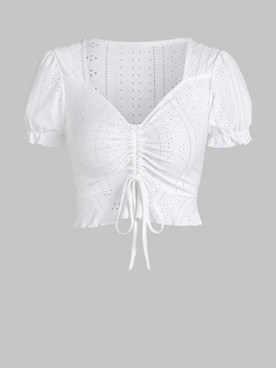 V Neck Ruffle Openwork Cinched Crop Top
