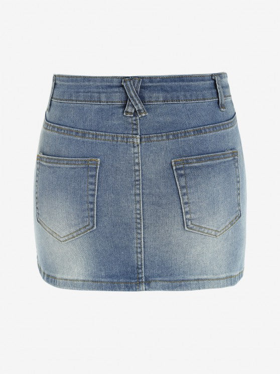 Faux Pocket Low Waist Denim Mini Skirt