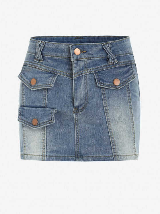 Faux Pocket Low Waist Denim Mini Skirt