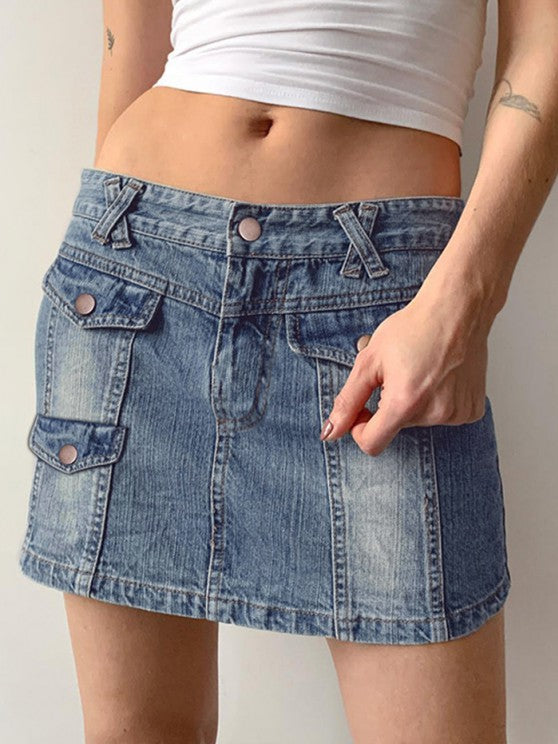 Faux Pocket Low Waist Denim Mini Skirt
