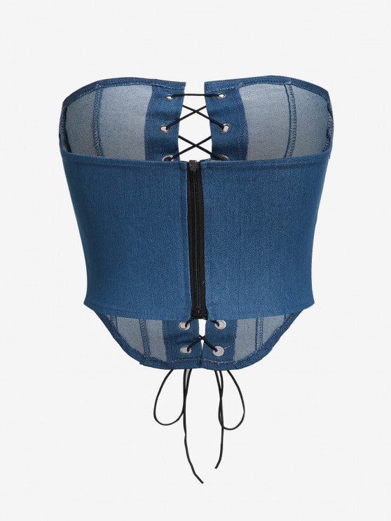 Lace Up Corset-style Denim Strapless Tube Top
