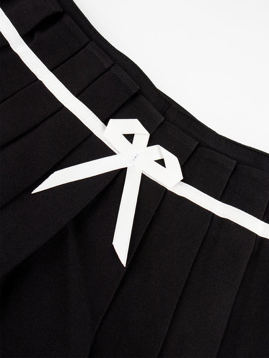 Solid Color Fake Two Pieces Bow Pleated Skirt
