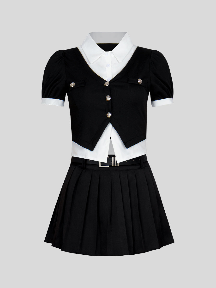 Fake Two Piece Top + Pleated Skirt Set