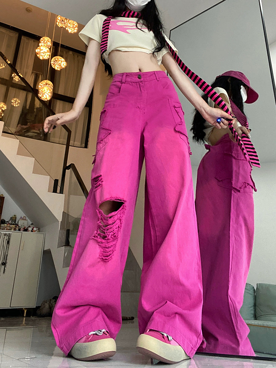 Rose Denim Ripped Loose Jeans