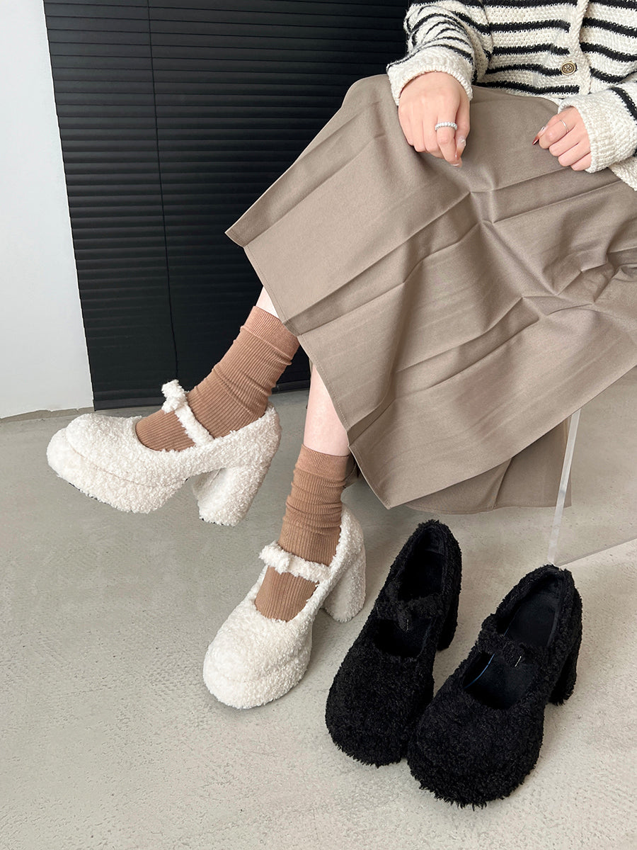 Fluffy Ankle Strap Chunky Heels Mary Jane Shoes