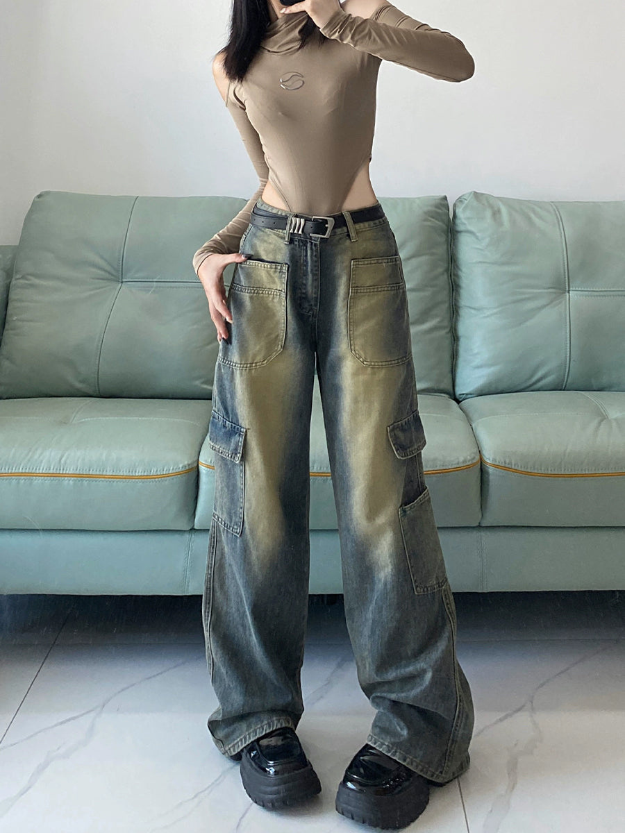 Vintage Large Pocket Straight Leg Denim Jeans