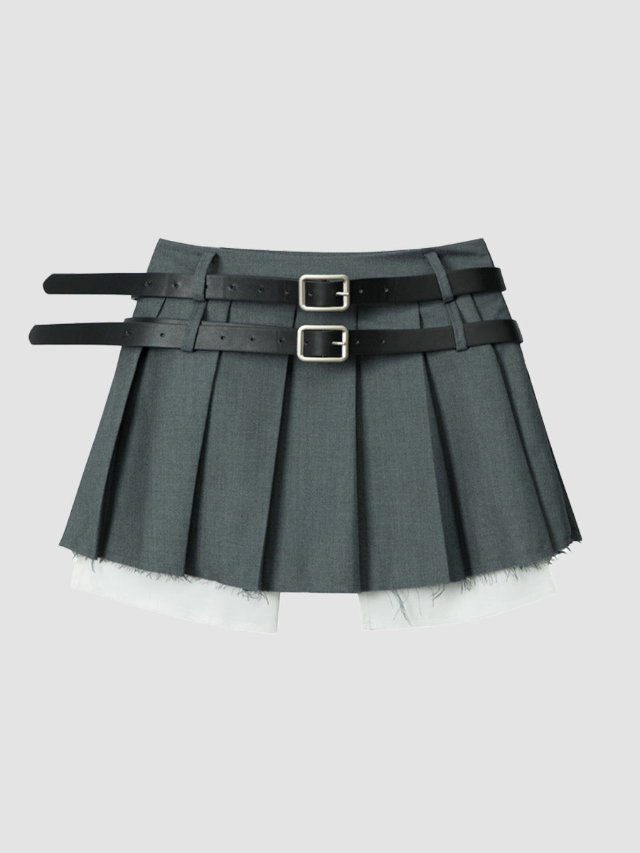 Fake Two Piece Belt Pleated Skirt