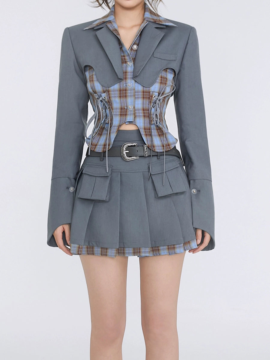 Fake Two Piece Suit Shirt Top + Pleated Skirt Set