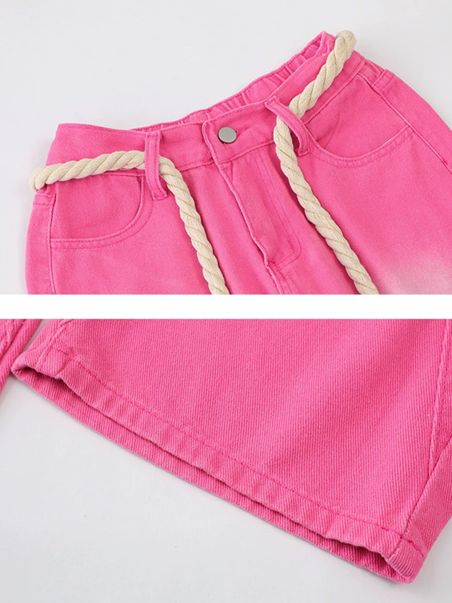 Y2K Pink Loose White Stars Print Jeans with Belted Rope