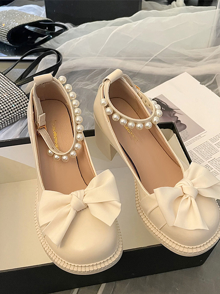 Bow Tie Round Toe Pearls Strap Mary Jane Heels Shoes