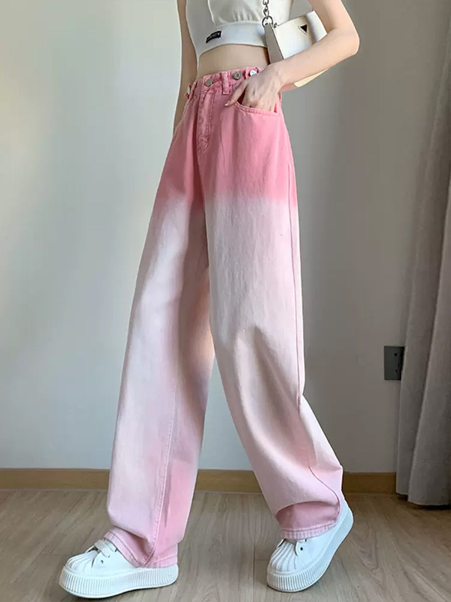 Pink Light Gradient High Waisted Straight Leg Denim Jeans