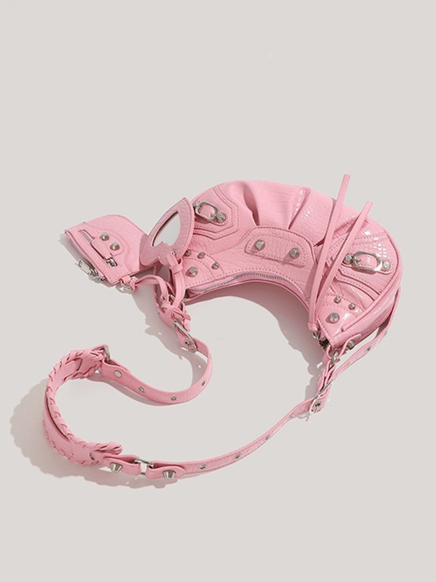 Pink Leather Croissant Bag with Mirror and Pouch
