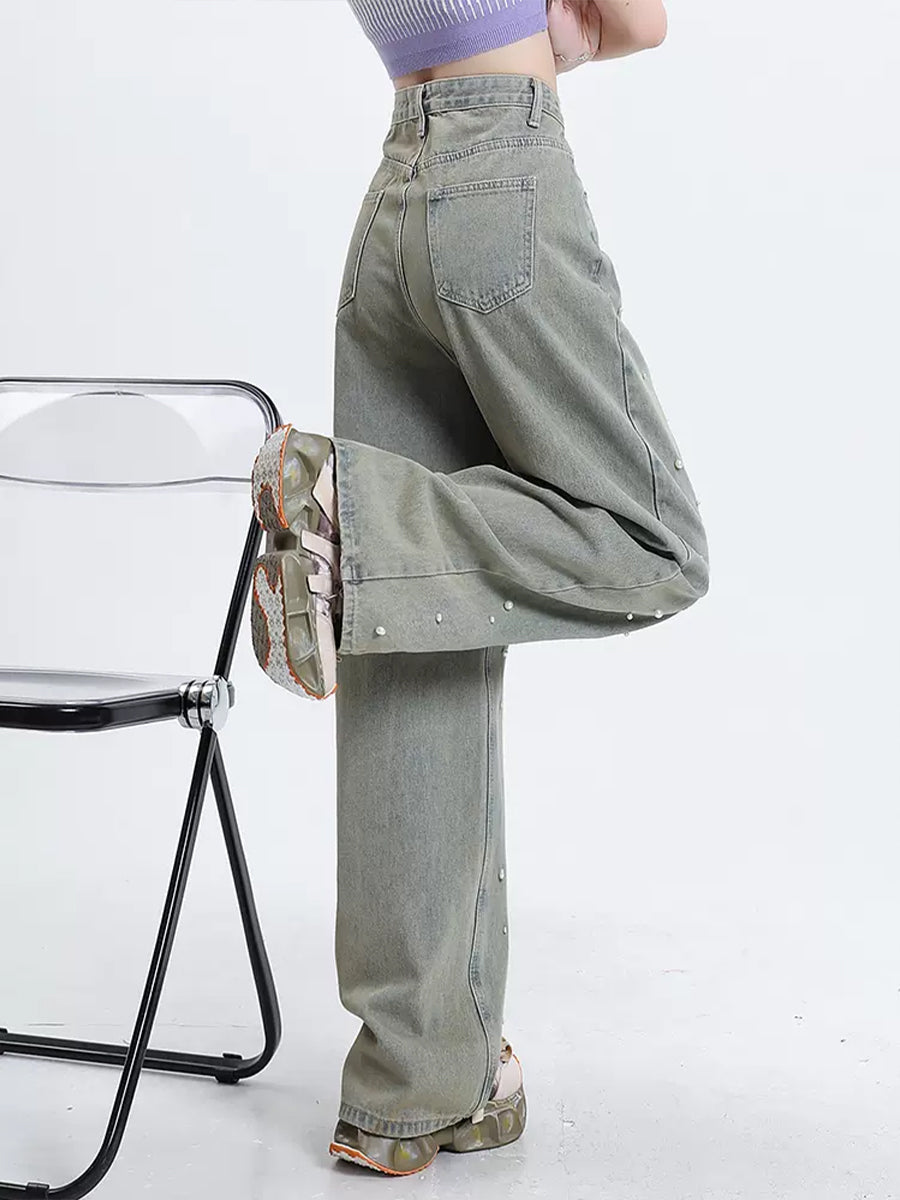 Grey Faux Pearl Studded Straight Jeans