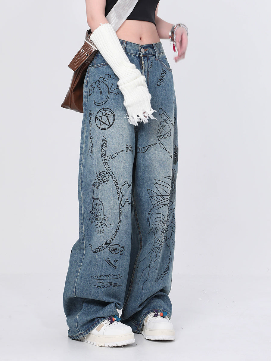 Vintage Loose Black Graffiti Print Casual Jeans