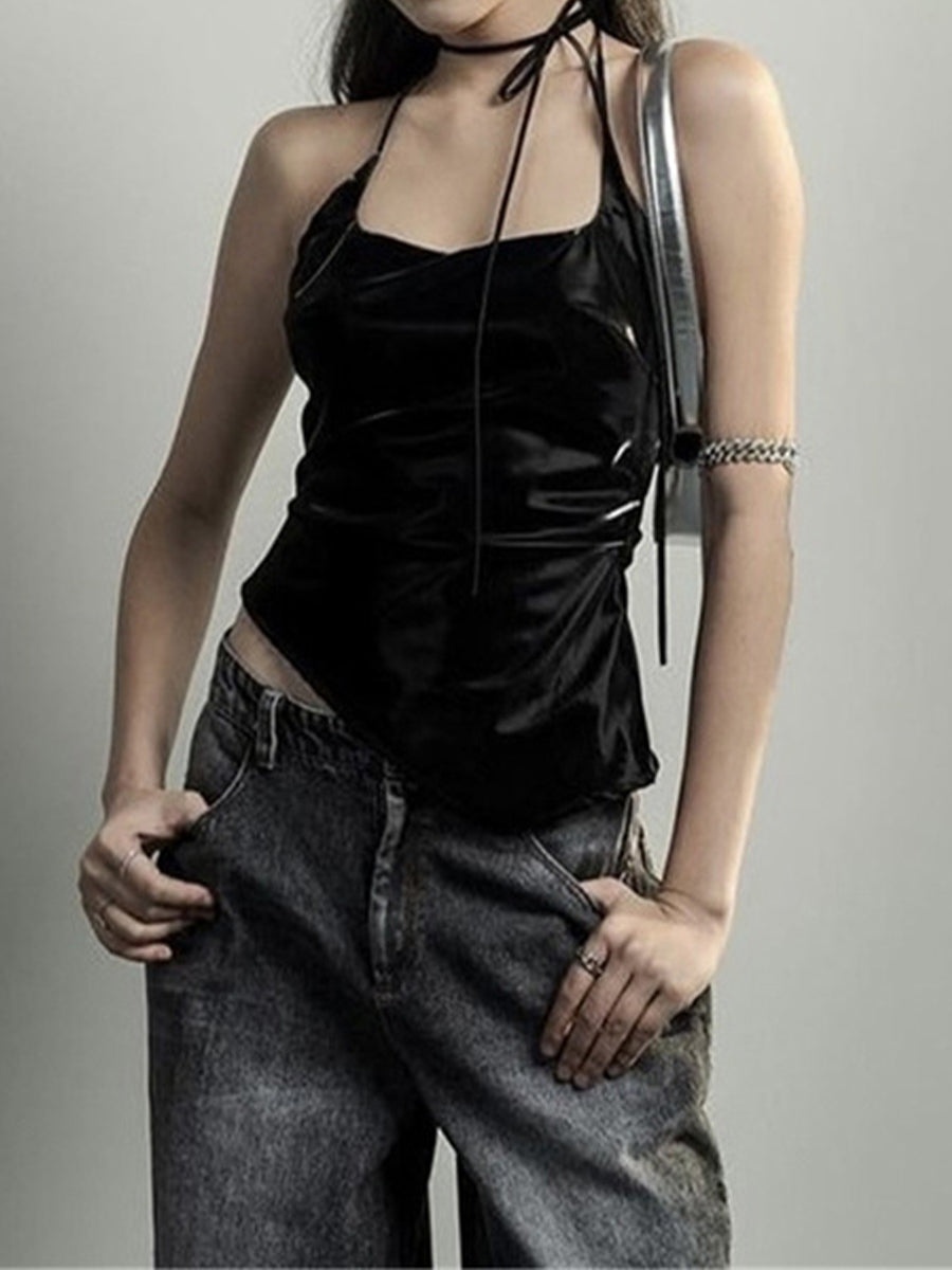 Black Leather Lace-up Halter Top