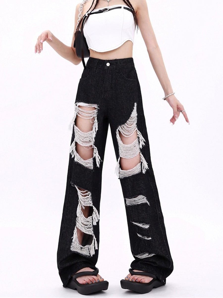 High-Waisted Baggy Wide-Leg Ripped Jeans