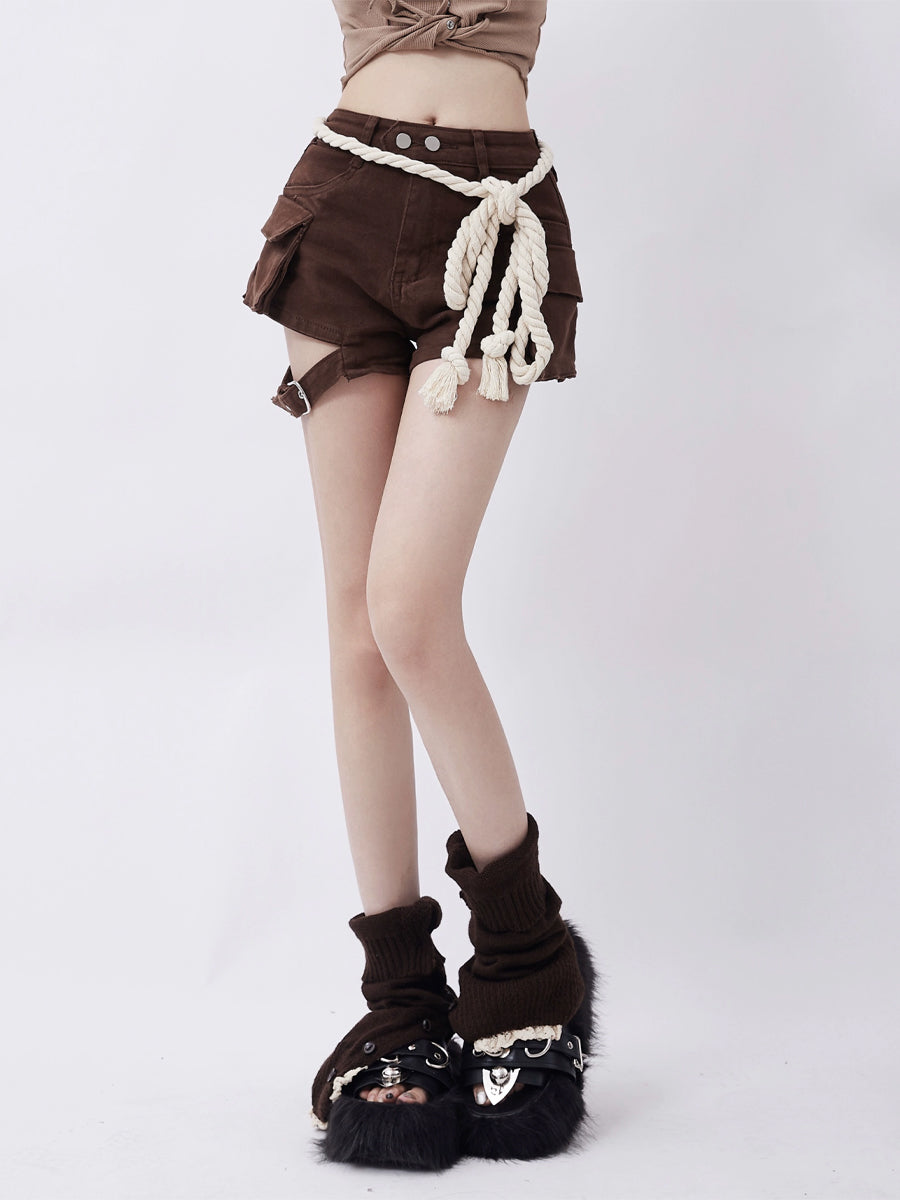 Brown Denim Shorts With Belt