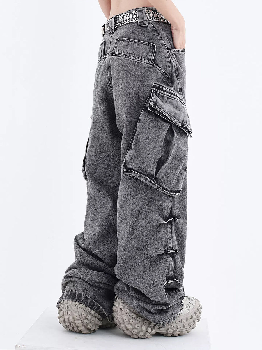 Gray High Rise Wide Cargo Jeans Pockets Pants