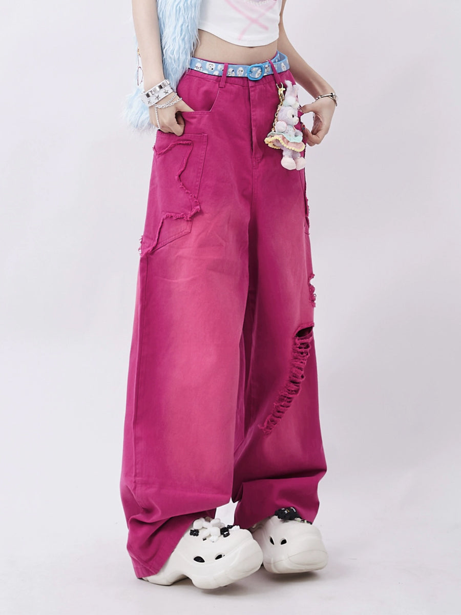 Pink Ripped Loose Fit Denim Jeans