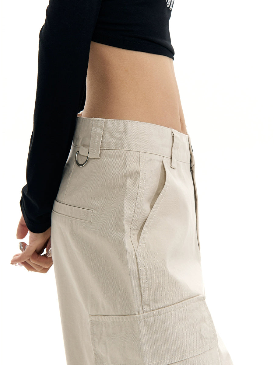 Solid Color Casual High Waist Loose Cargo Pants