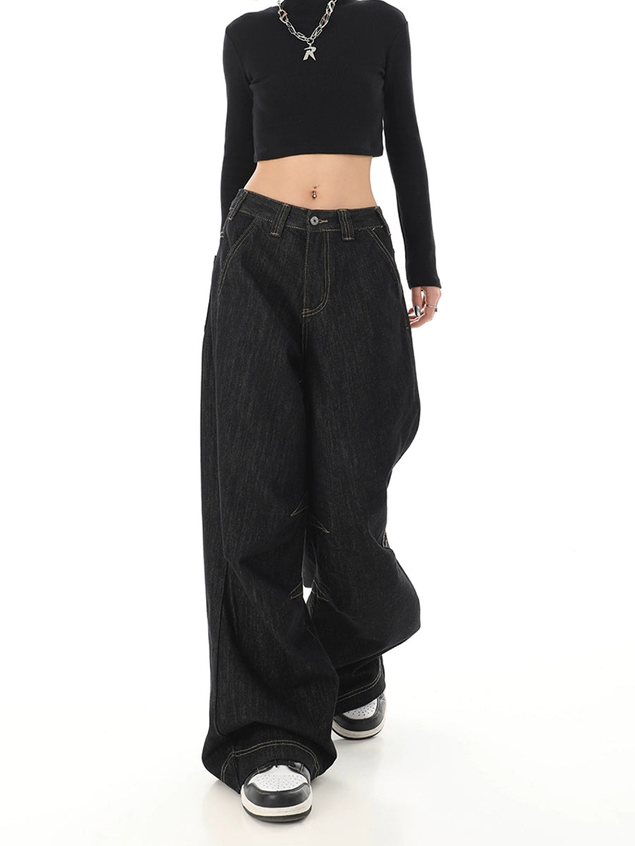 Black Straight Leg Loose Wide Leg Jeans