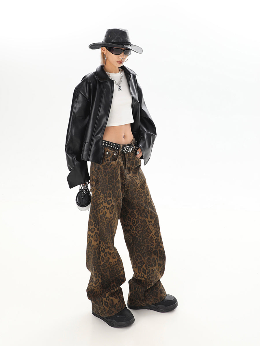 Leopard Print Hip Hop Loose Fit Denim Jeans