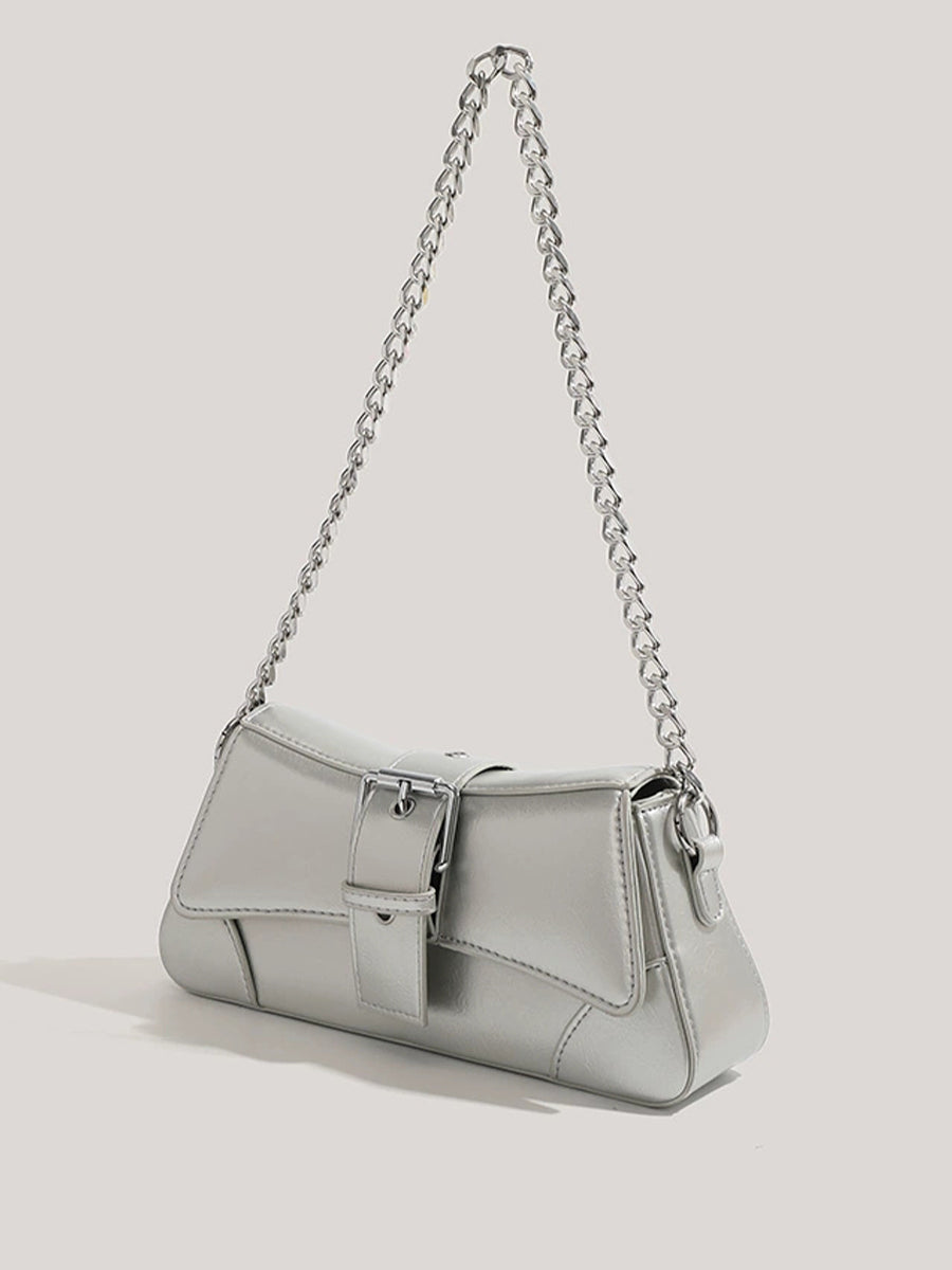Solid Color Patent Leather Chain Baguette Bag